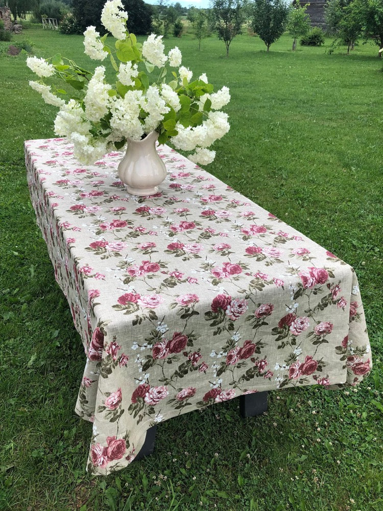 Linen tablecloth with Roses, Flower print, Custom tablecloth, Linen table cloth, Round tablecloth, Floral Tablecloth